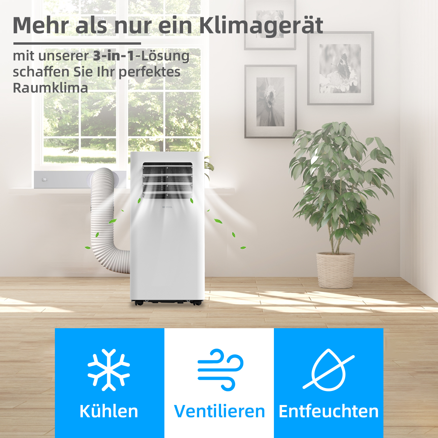 Ein mobiles Klimager ät steht in einem hellen Raum vor einem Fenster, mit Piktogrammen für Kühlen, Ventilieren und Entfeuchten.