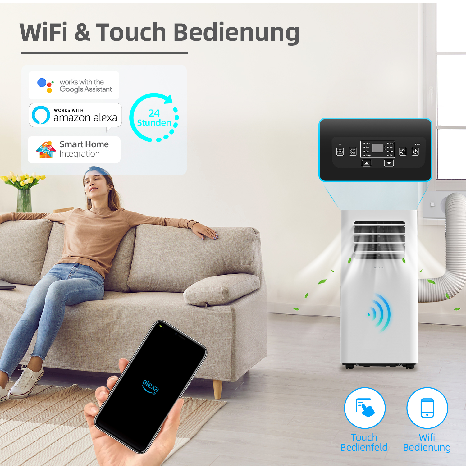Eine Frau entspannt auf dem Sofa, während eine smarte Klimaanlage den Raum kühlt.