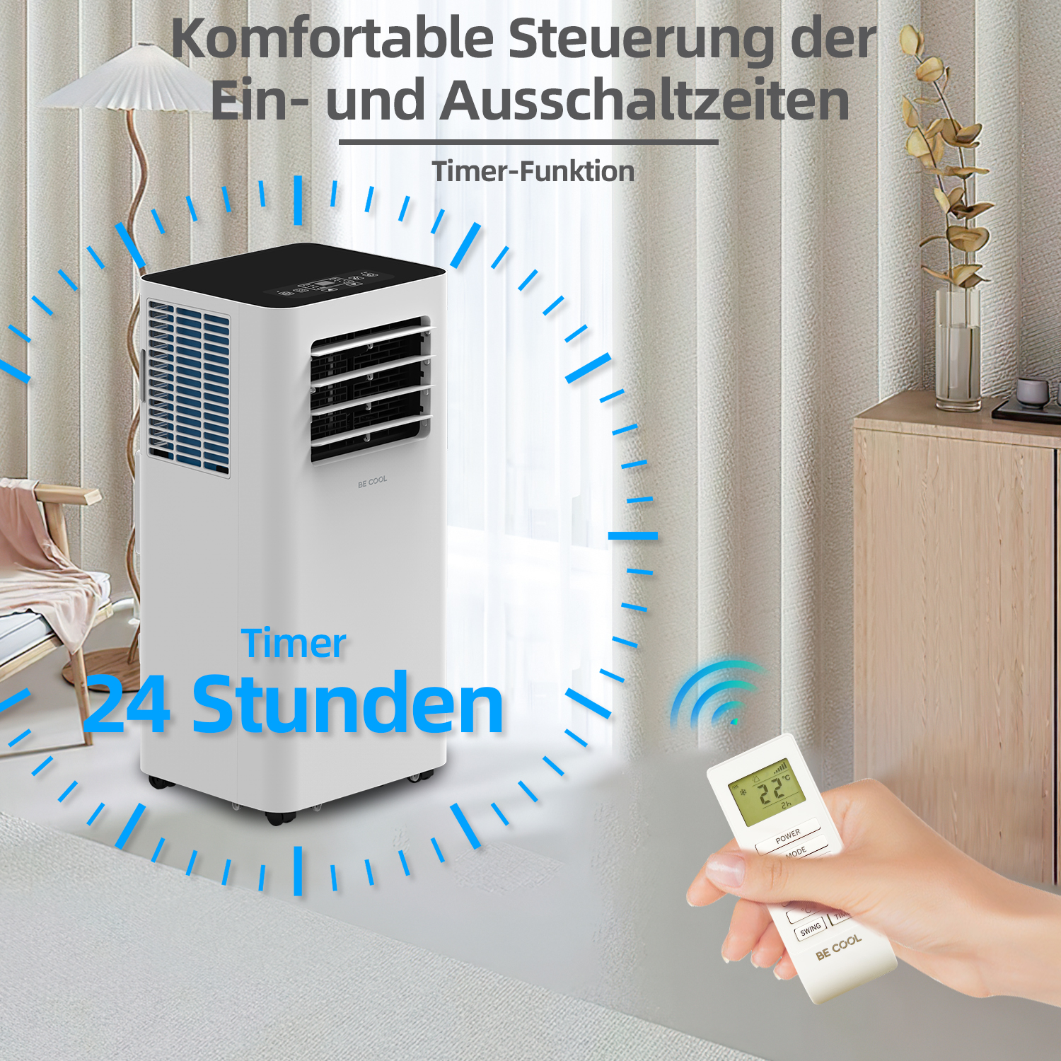 Ein tragbares Klimagerät steht in einem Raum, während eine Hand eine Fernbedienung mit einem 24-Stunden-Timer bedient.