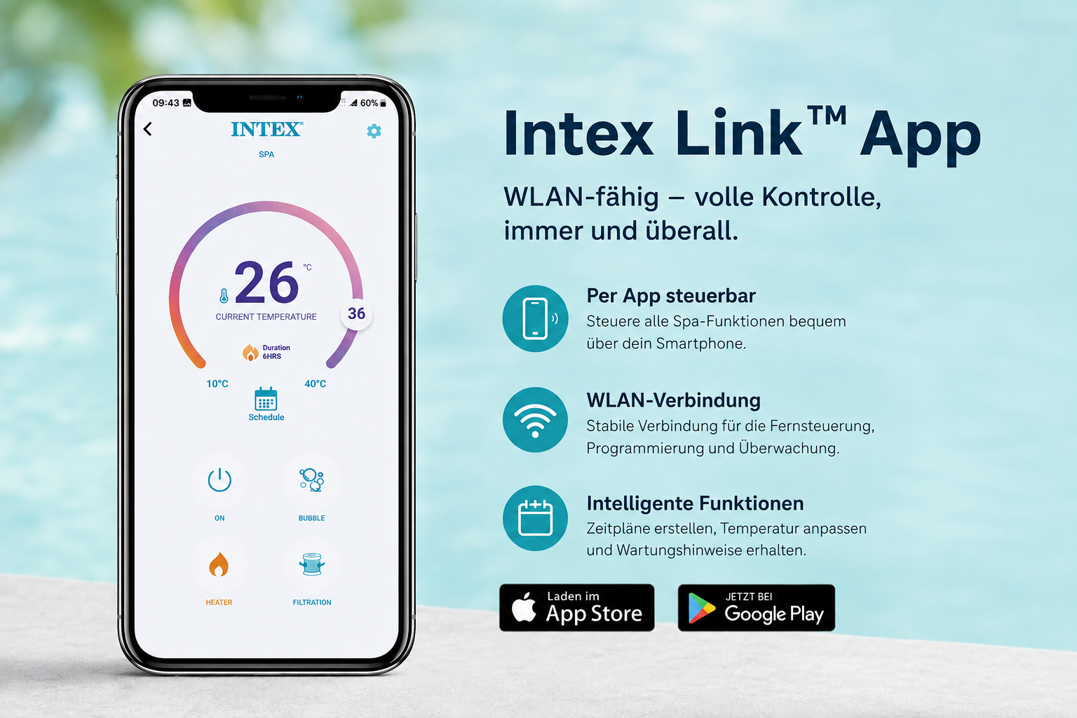Smartphone mit der Intex Link App und Texten sowie Symbolen zur Spa-Steuerung.