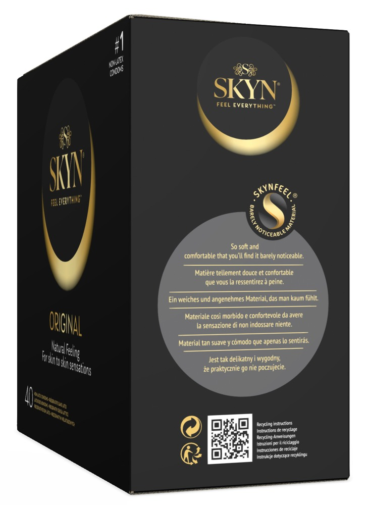 Schwarze Skyn-Kondomverpackung mit goldenem Logo, Produkttexten in mehreren Sprachen und einem QR-Code.