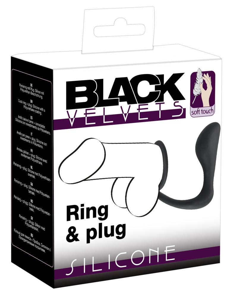 Produktverpackung für Black Velvets Silikon-Ring und Plug mit einer Skizze des Sexspielzeugs.