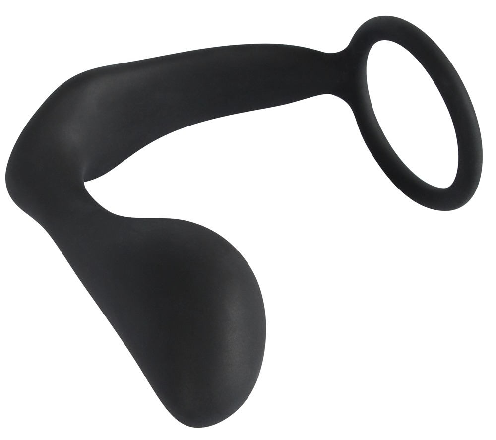 Ein schwarzes, ergonomisches Wellness-Gerät mit einem ringförmigen Ende vor weißem Hintergrund.