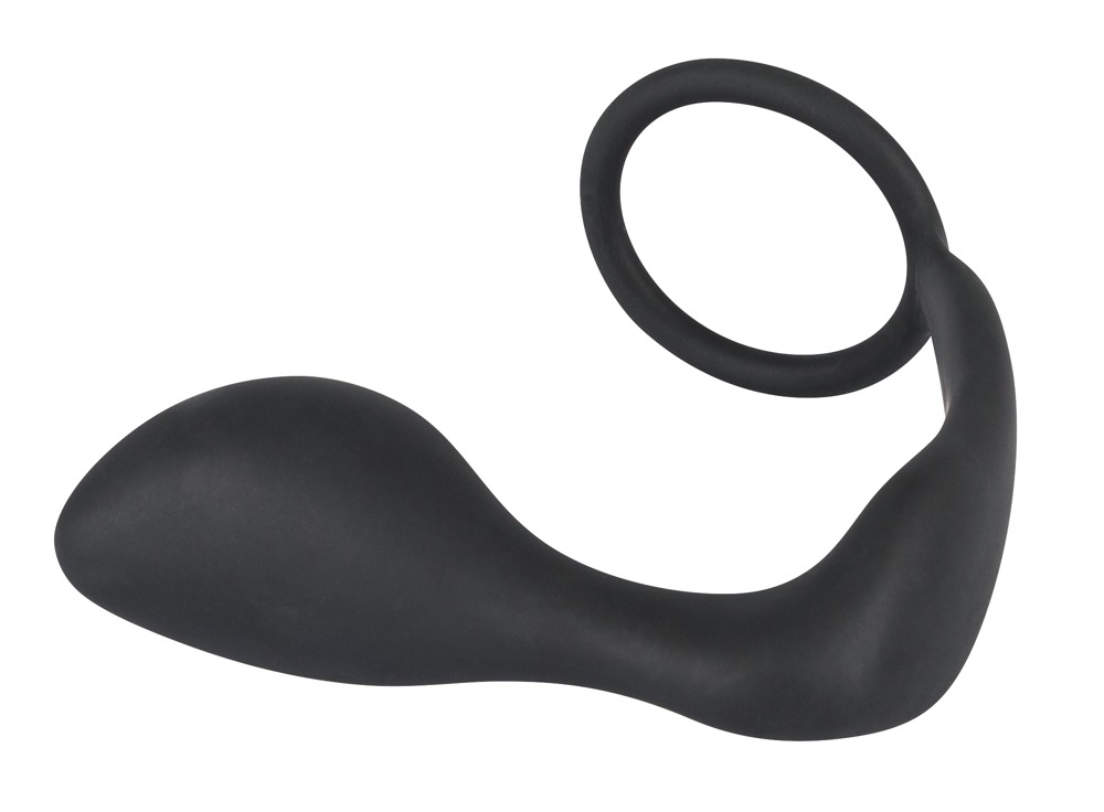 Schwarzes Silikon-Sexspielzeug mit geschwungenem Korpus und Ring.