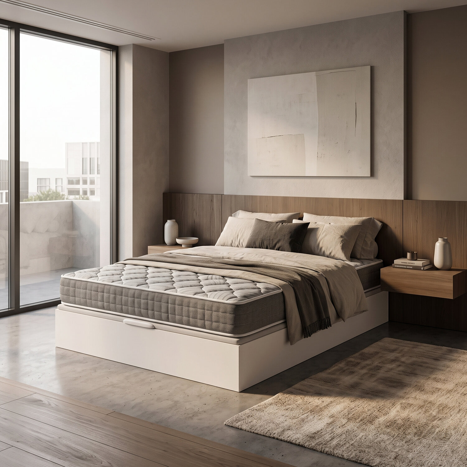 Dormitorio moderno con cama, mesitas de noche, arte abstracto y gran ventana.