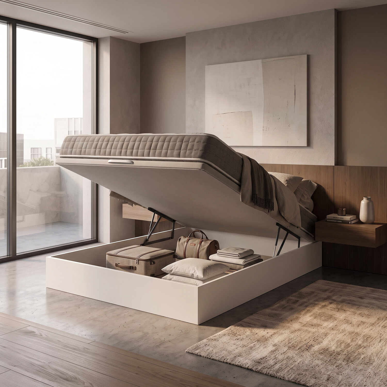 Dormitorio moderno con somier elevado y espacio de almacenamiento oculto con maletas y cojines.