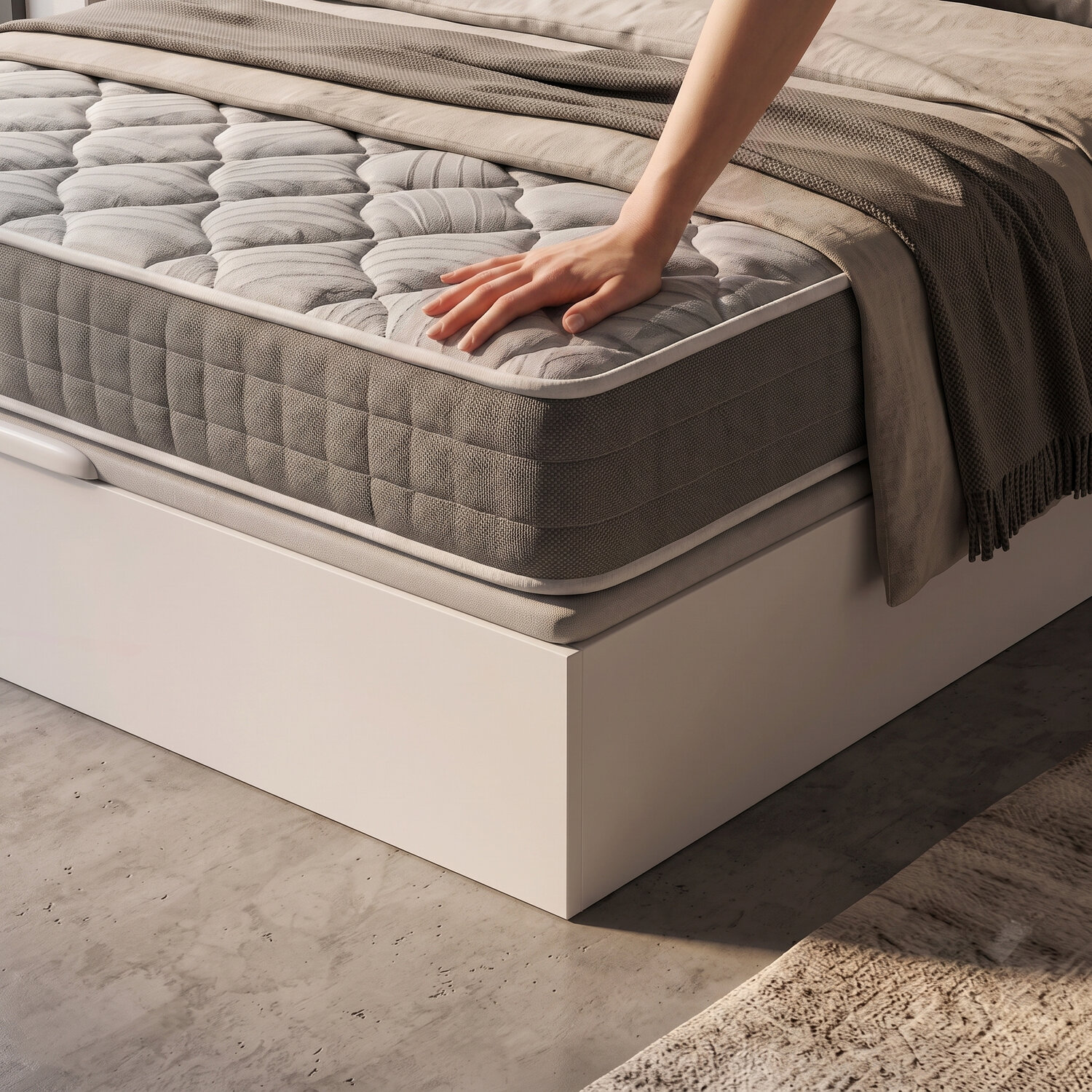 Una mano presiona un colchón grueso y acolchado en una cama moderna con base blanca.
