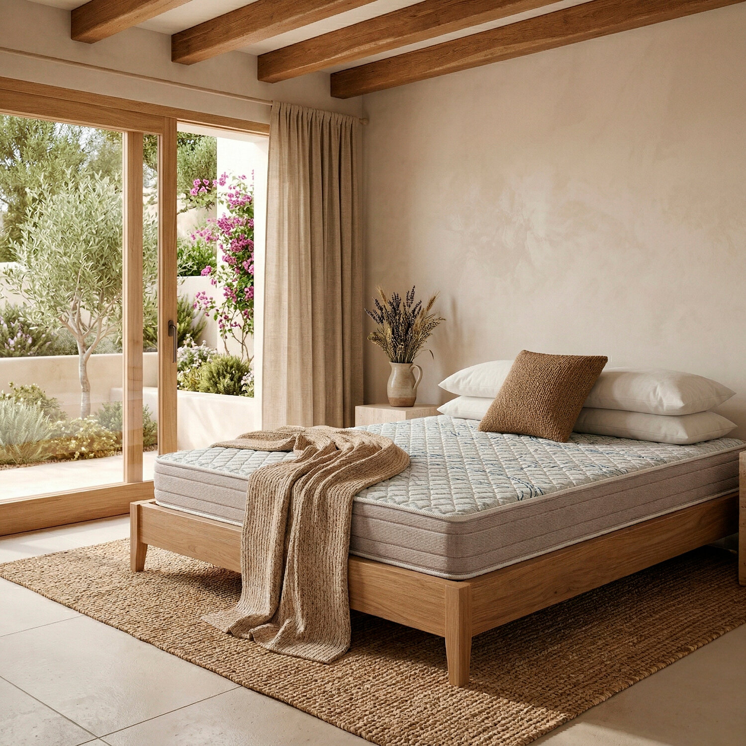 Un dormitorio acogedor con cama de madera, ropa de cama clara y grandes puertas de vidrio hacia un jardín.