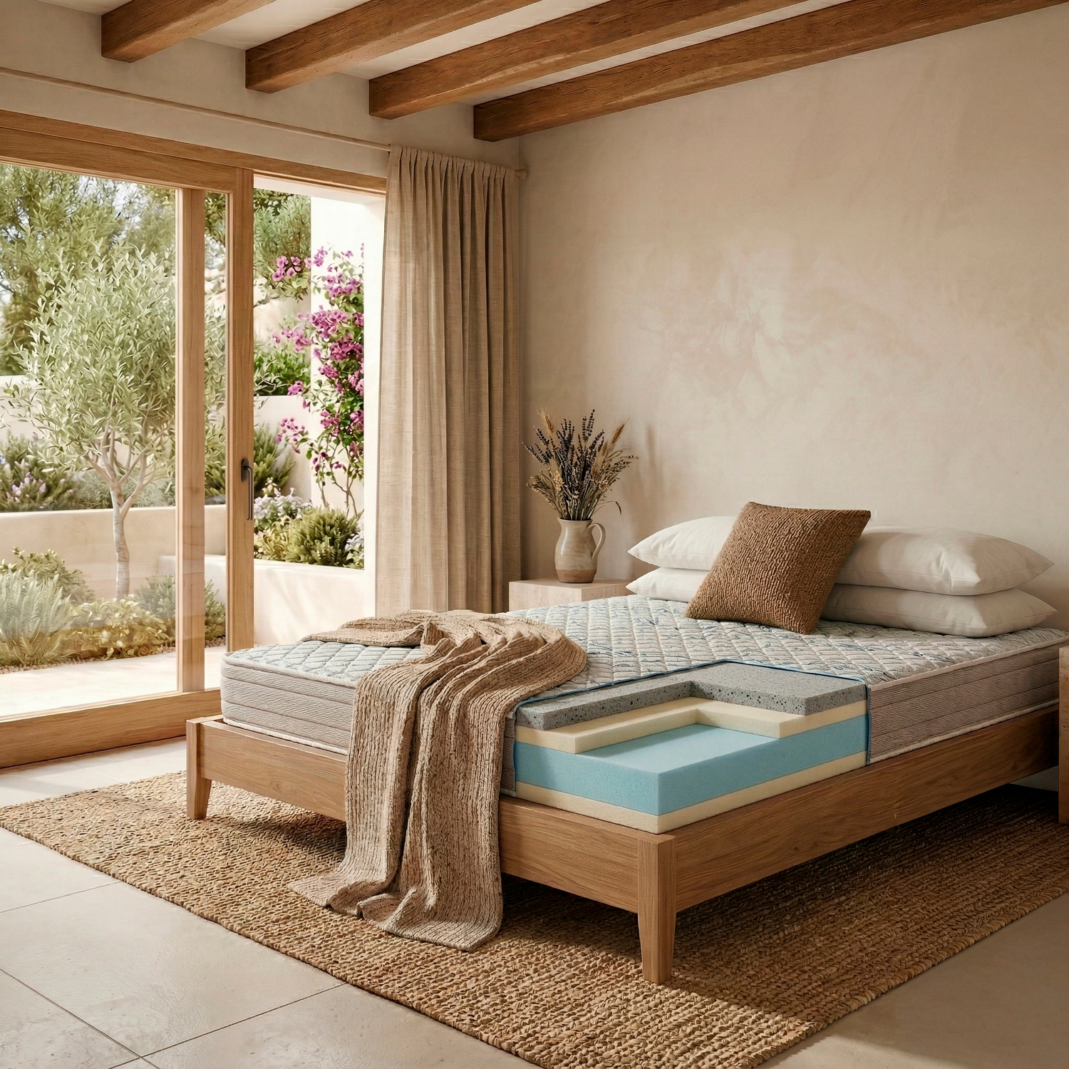 Una cama de madera con colchón de capas y manta en un dormitorio soleado con vistas al jardín.