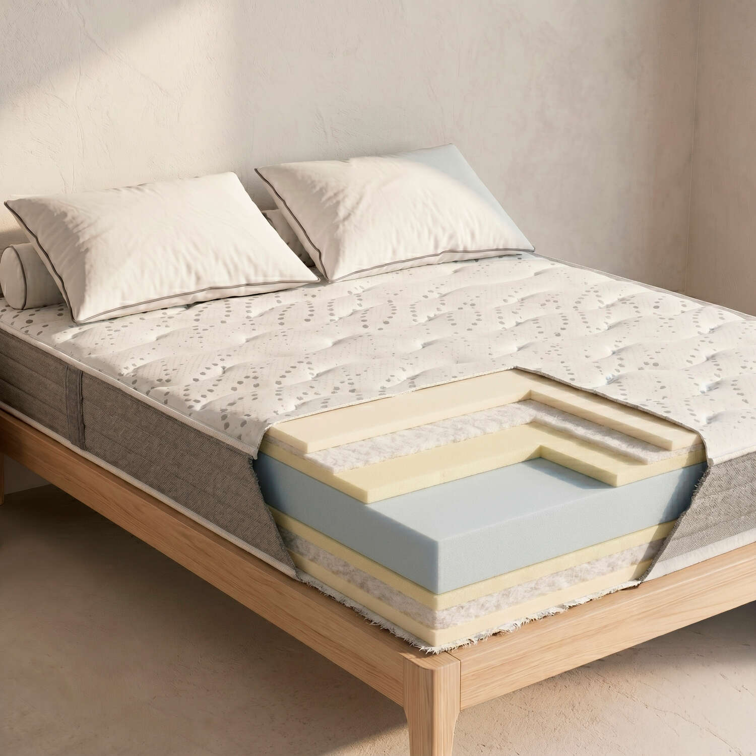 Una cama con un colchón cortado que revela múltiples capas de espuma y dos almohadas blancas.