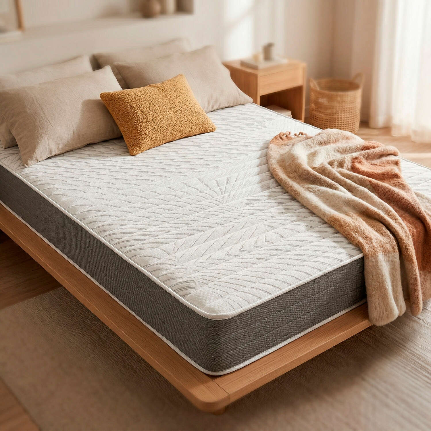 Un colchón blanco y gris en una cama de madera, con cojines neutros y una manta mullida.
