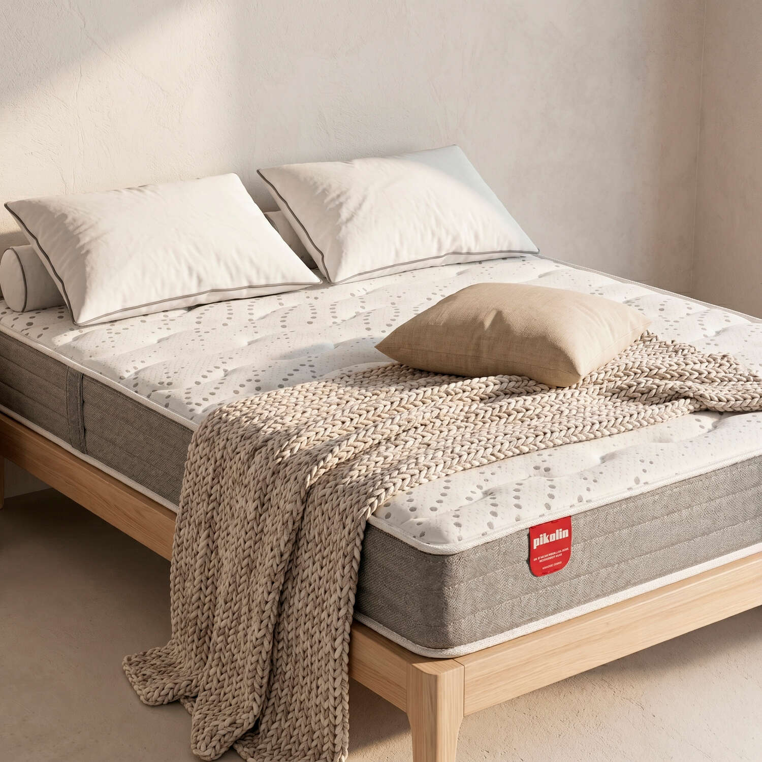 Cama acogedora con estructura de madera, colchón blanco, almohadas y una manta gruesa de punto beige.