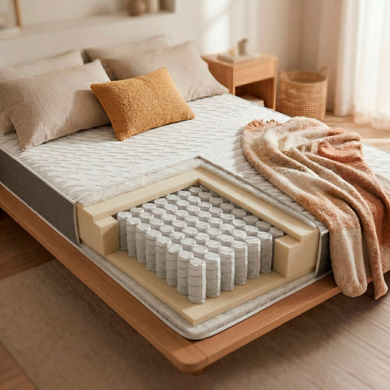 Una cama con un colchón cortado para revelar sus capas internas de muelles ensacados y espuma.