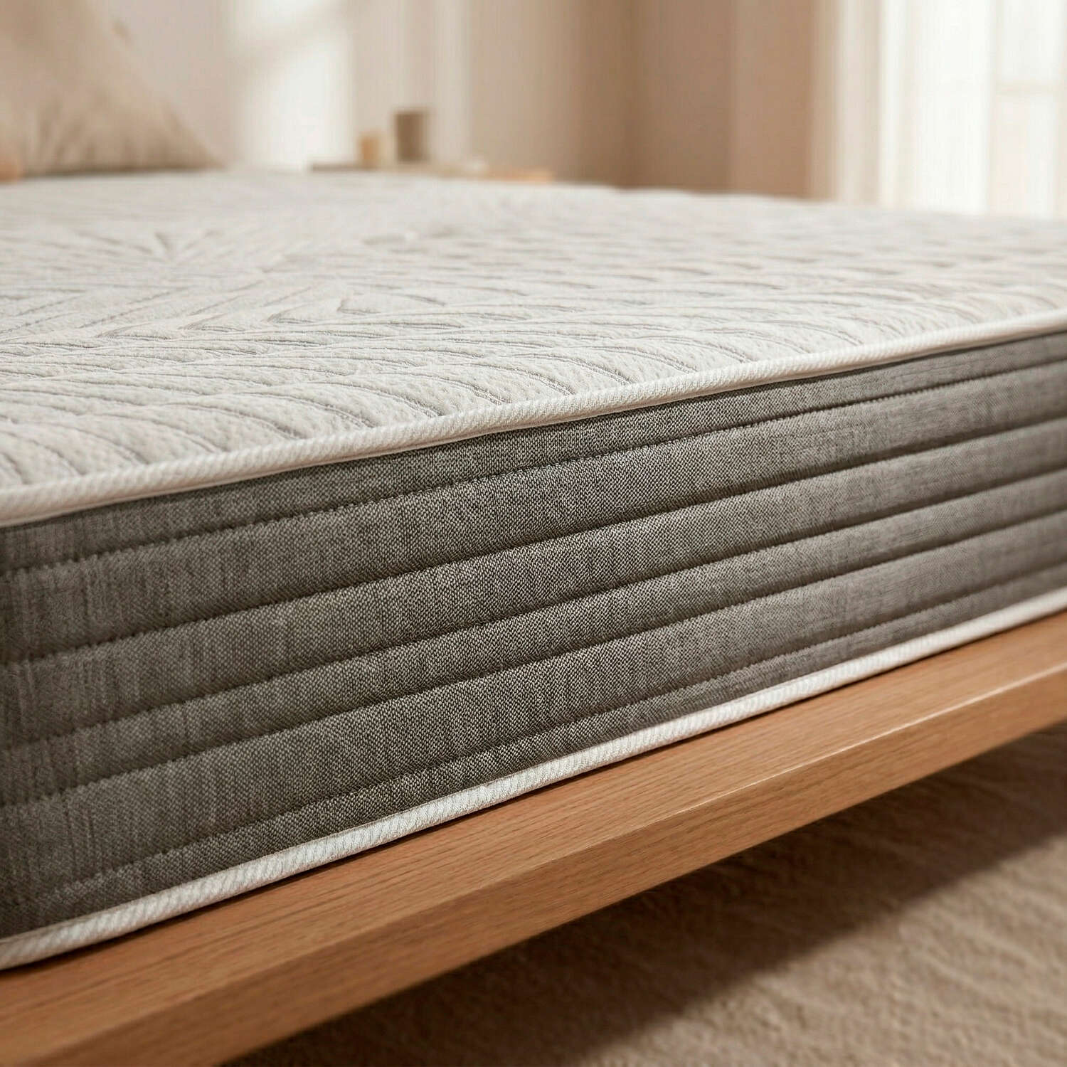 Primer plano de un colchón gris y blanco en una estructura de cama de madera en un dormitorio luminoso.