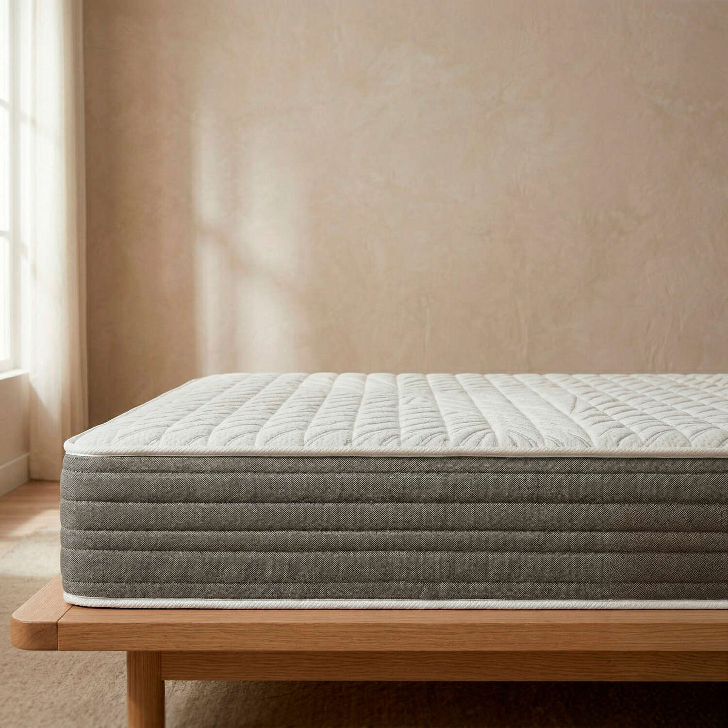 Un colchón gris y blanco descansa sobre una estructura de madera ante una pared beige con luz natural.