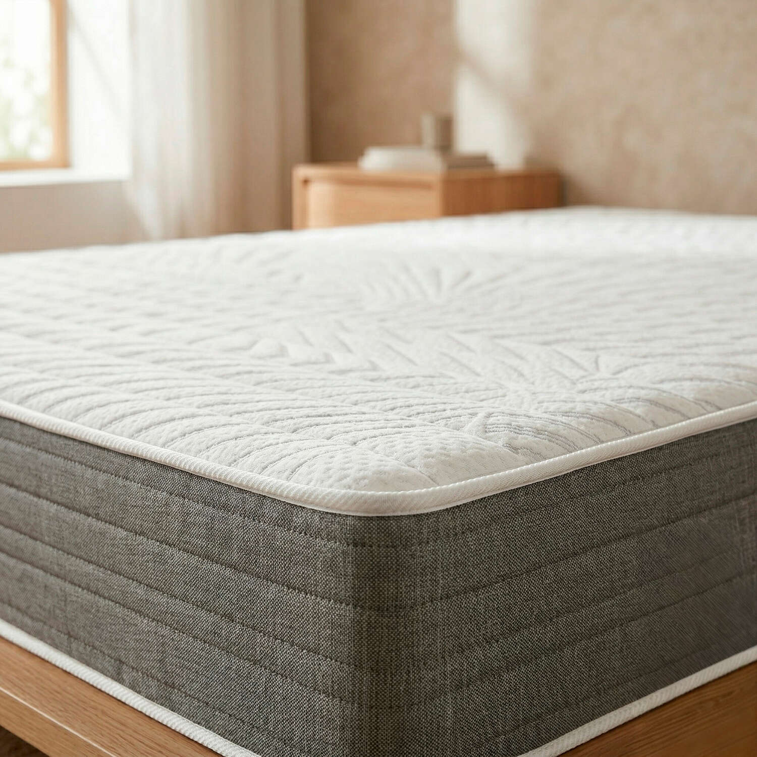 Primer plano de un colchón blanco con funda estampada y laterales grises, sobre una cama de madera en una habitación luminosa.