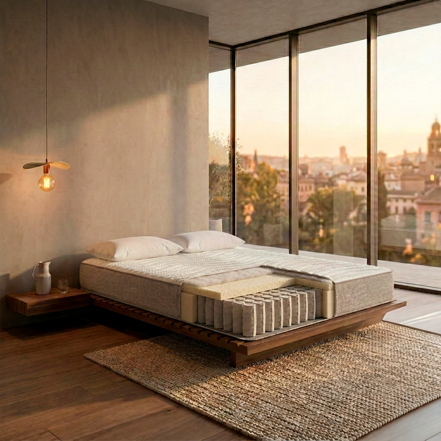 Una cama que muestra sus capas internas, en una habitación con grandes ventanas y vista a la ciudad.