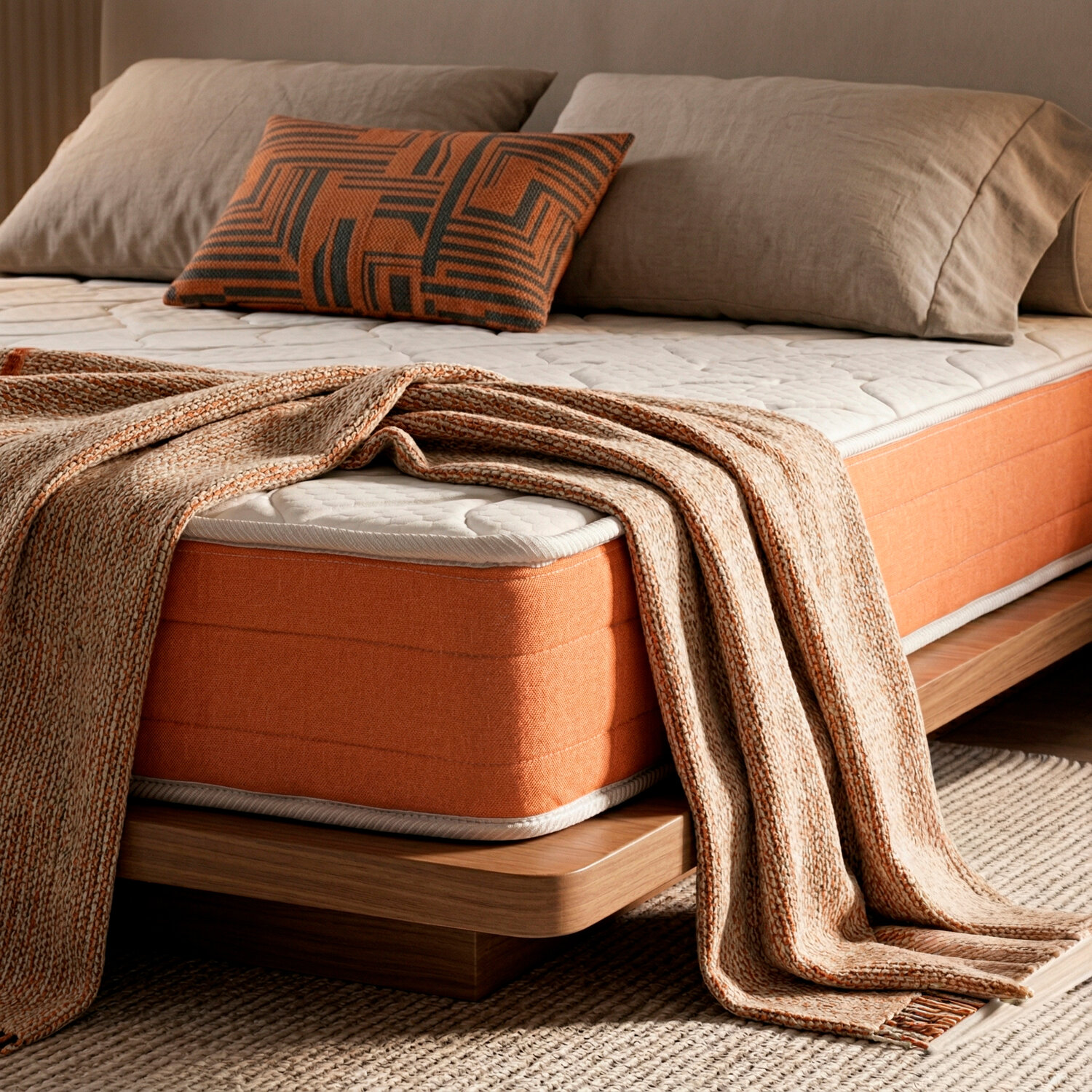 Una cama con colchón naranja, cojines marrones, un cojín estampado y una manta tejida.