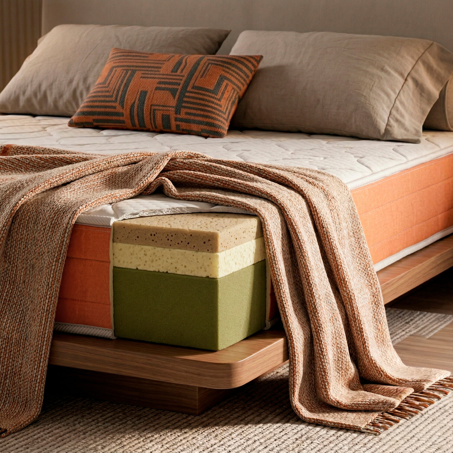 Una cama con un corte de colchón que muestra capas de espuma, cubierta con manta naranja, almohadas y un cojín estampado.