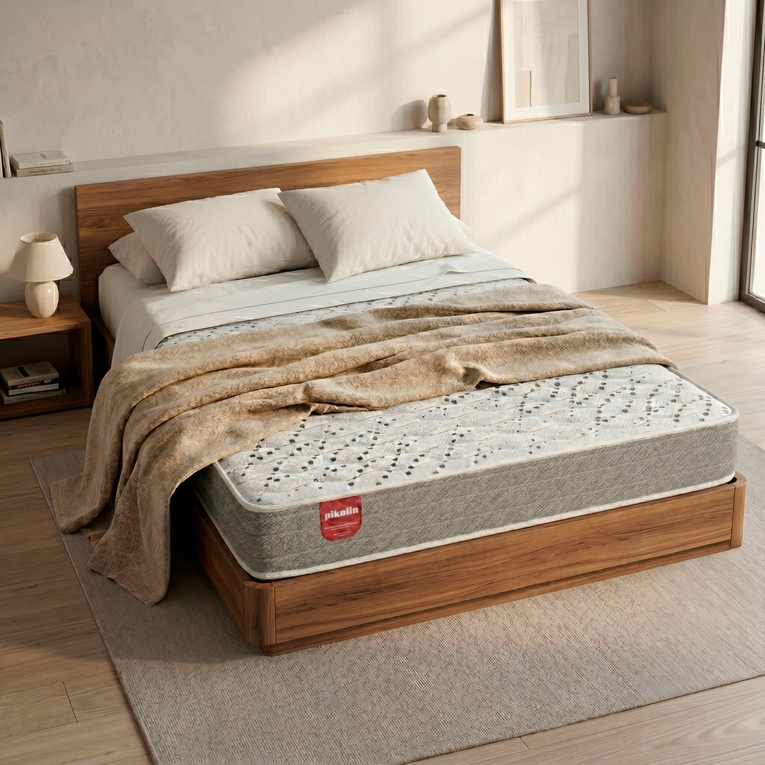 Una cama doble de madera con un colchón estampado en un dormitorio iluminado.