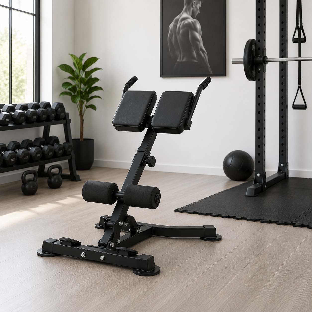 Un banco de extensión lumbar negro en un gimnasio, con mancuernas y equipos al fondo.