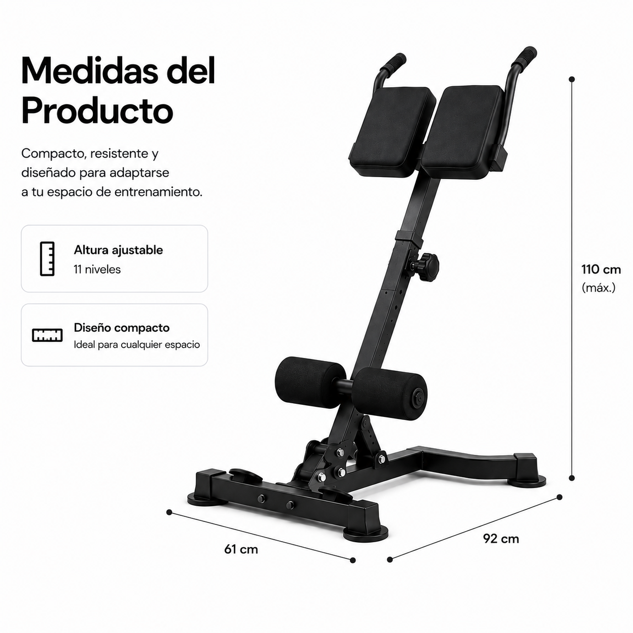 Banco de hiperextensión negro y compacto con medidas y texto en fondo blanco.