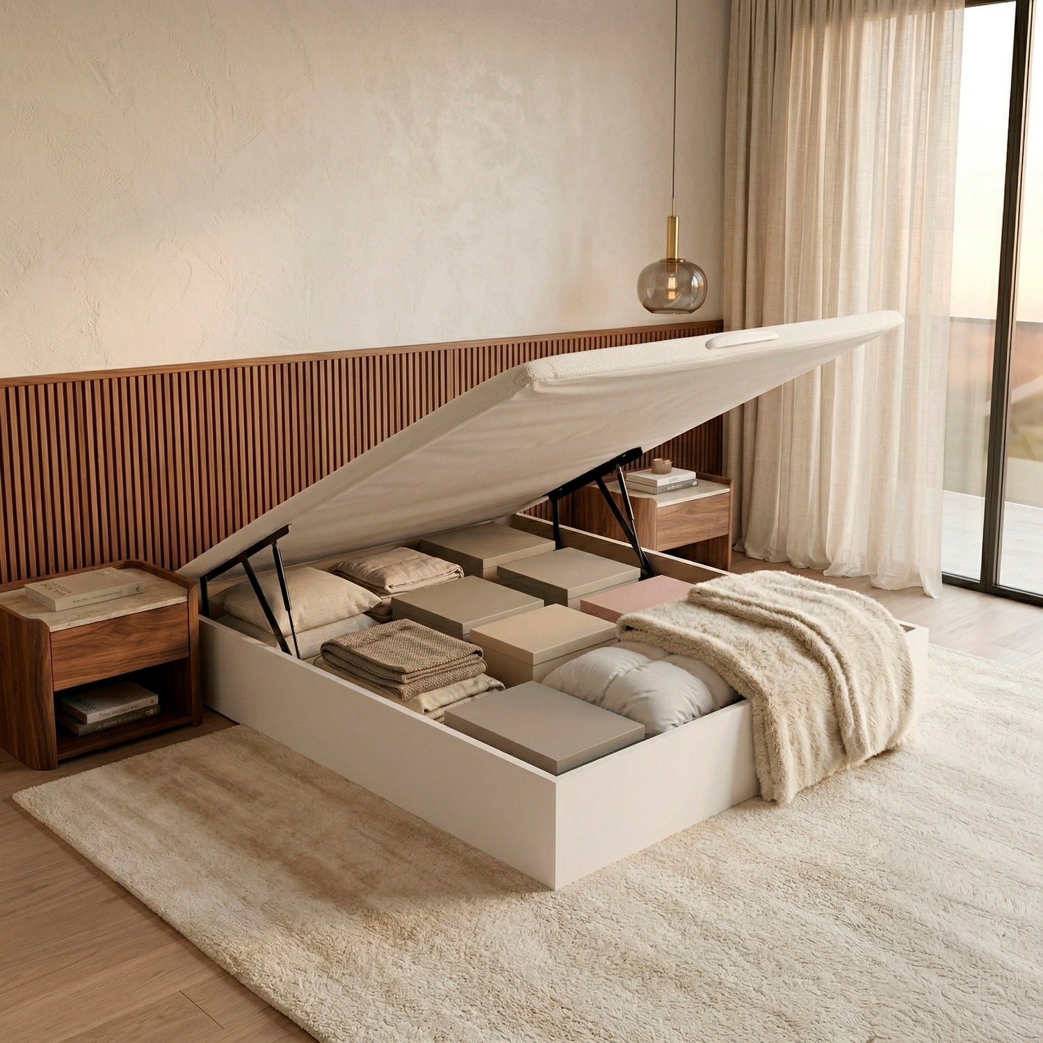 Una cama de almacenamiento blanca abierta revela cajas y mantas en un dormitorio acogedor con paneles de madera.