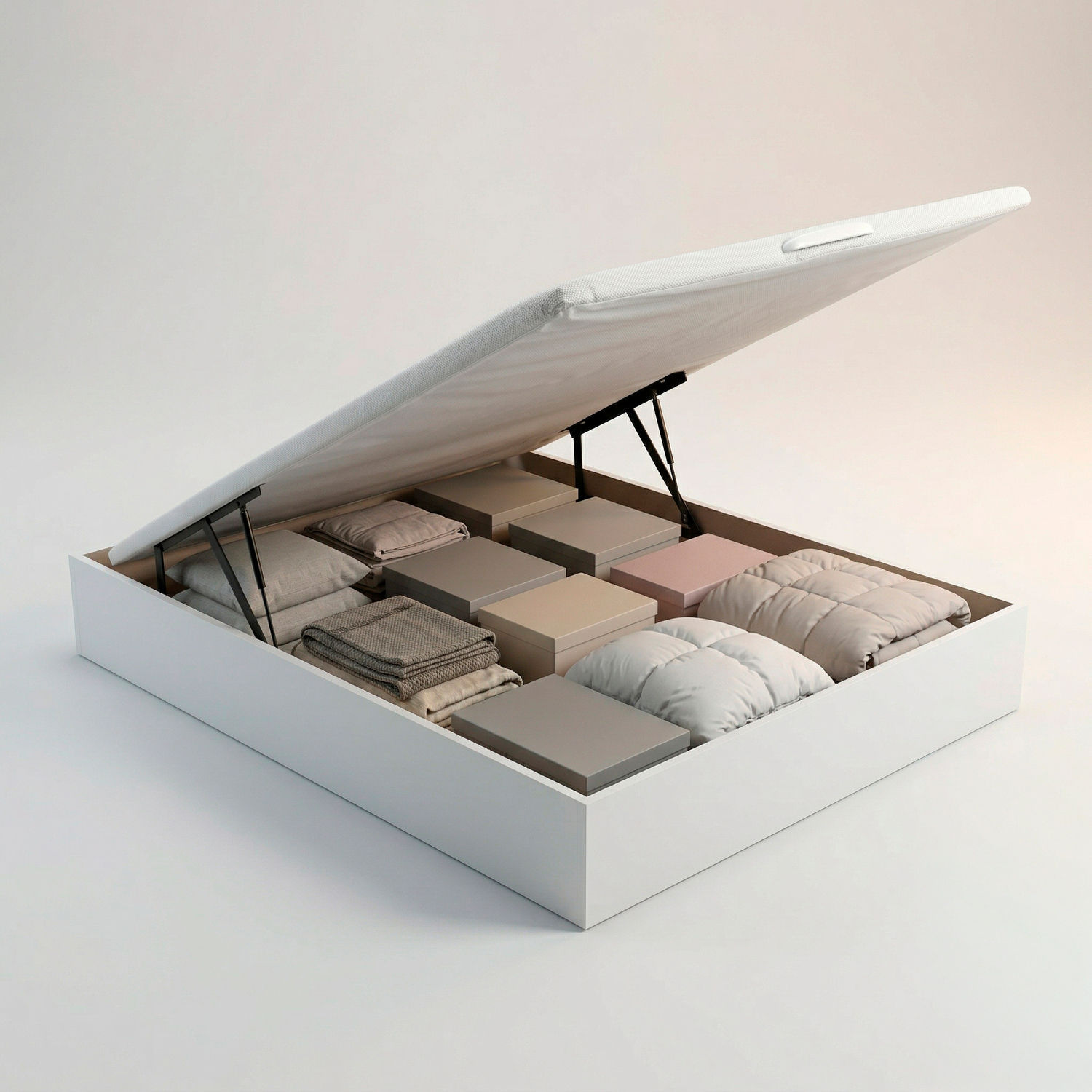 Una cama con almacenamiento blanca abierta revela cajas, mantas dobladas y almohadas ordenadas contra una pared lisa.