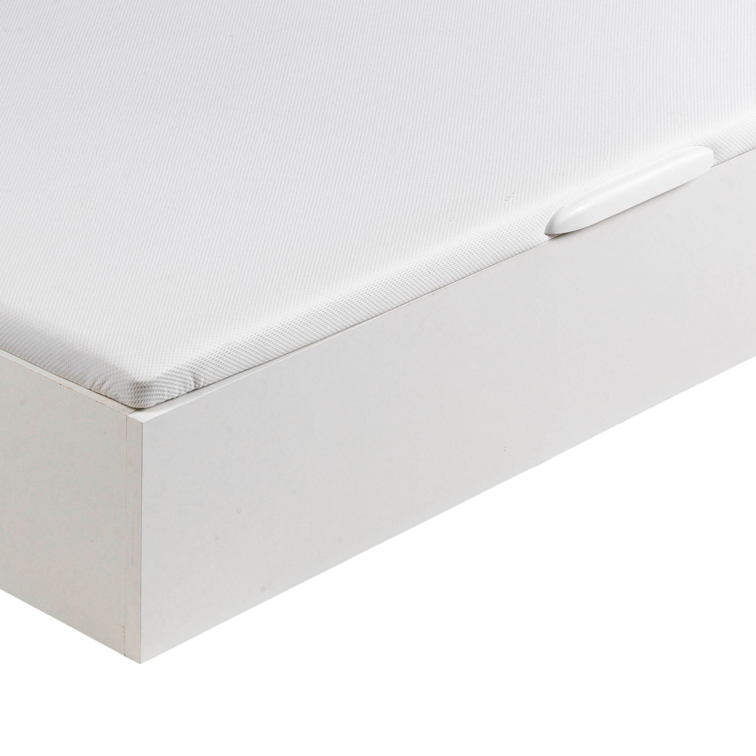 Esquina de una estructura de cama blanca con cajón integrado y tirador blanco.