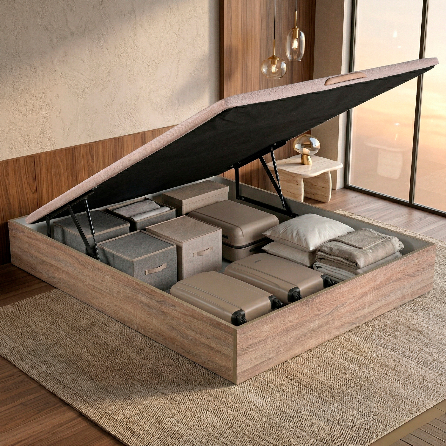 Cama de madera con somier levantado, revelando espacio de almacenamiento con maletas y cajas.