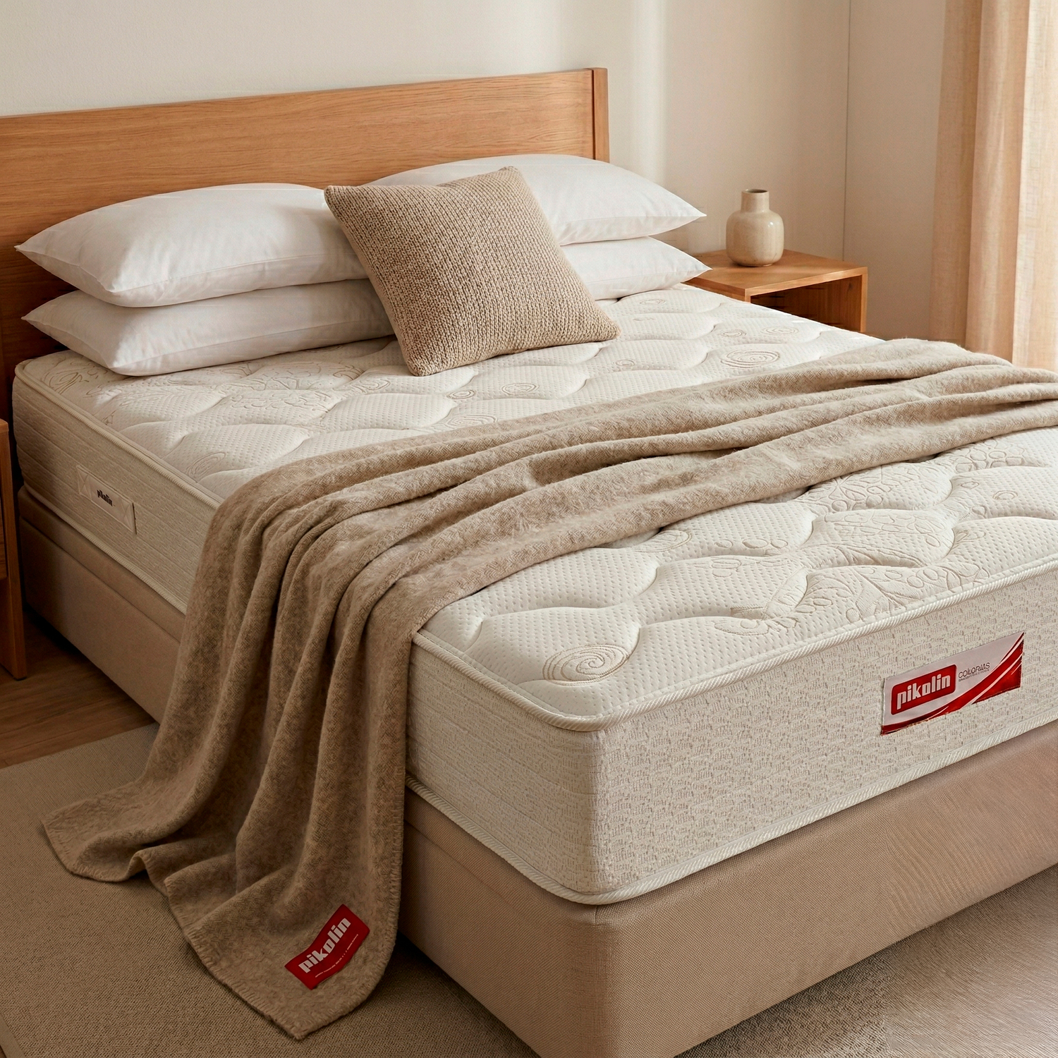 Una cama hecha con colchón blanco, almohadas y una manta marrón en un dormitorio luminoso.