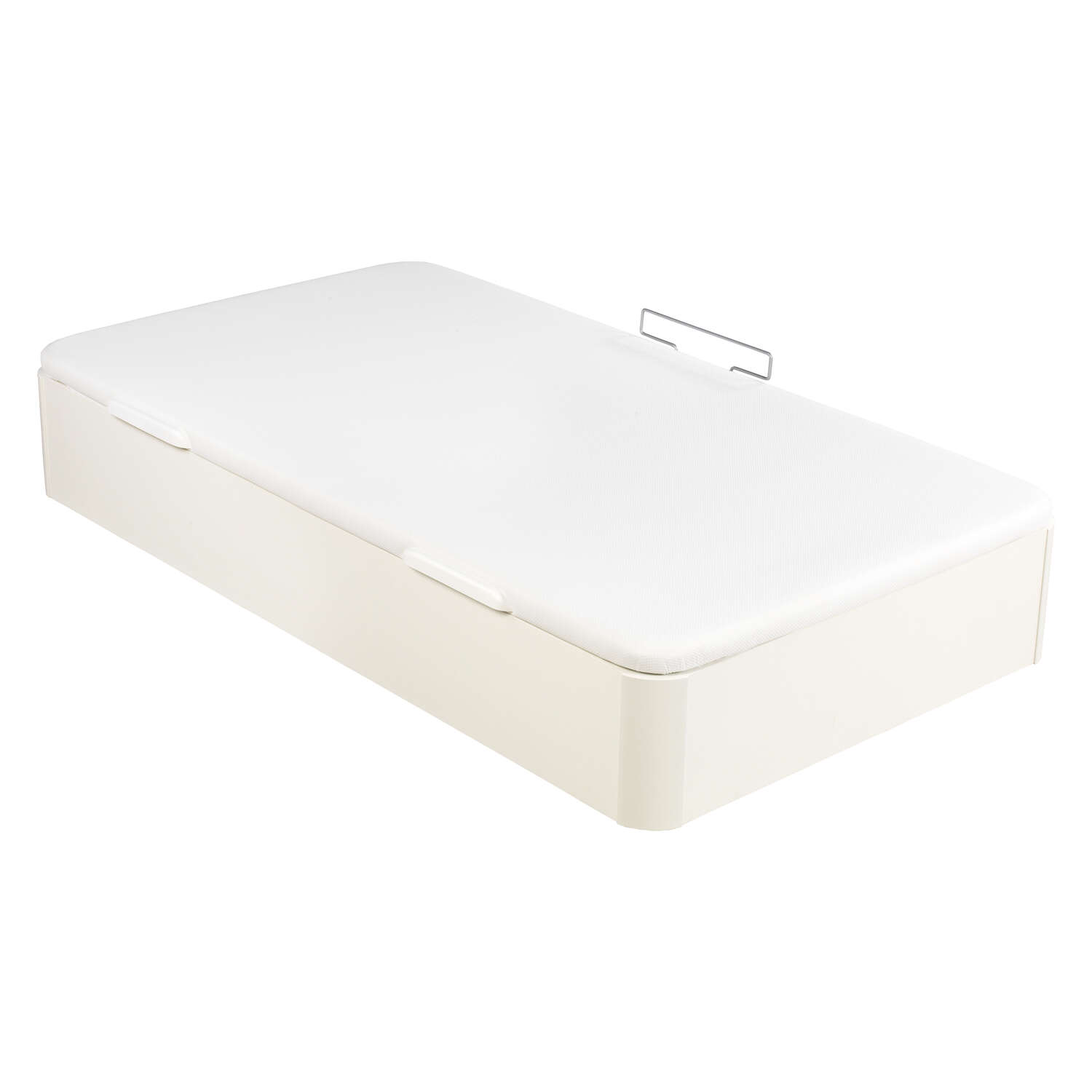 Una base de cama con almacenamiento blanca sobre un fondo blanco.
