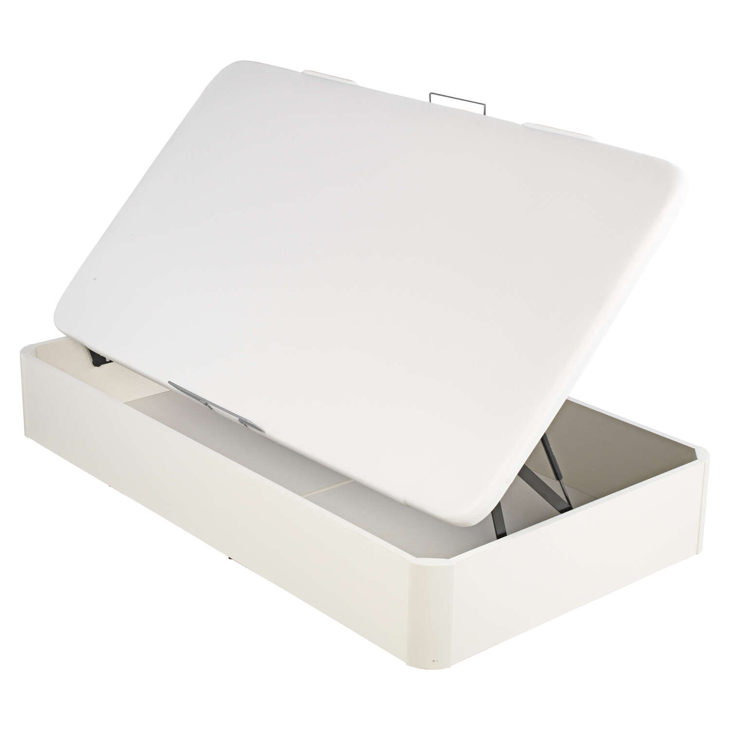 Un canapé abatible blanco con la base de láminas levantada, mostrando el compartimento interior.