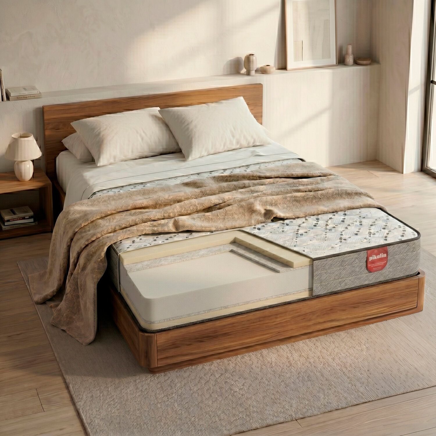 Una cama de madera en un dormitorio luminoso muestra un colchón con un corte transversal de sus capas de espuma.