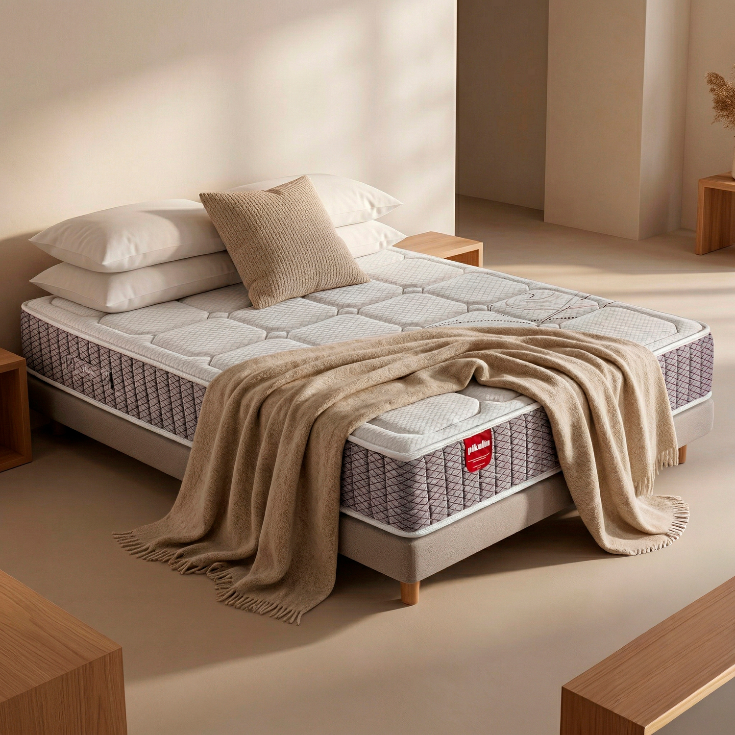 Un colchón beige con almohadas blancas, un cojín tejido y una manta beige en una habitación minimalista.