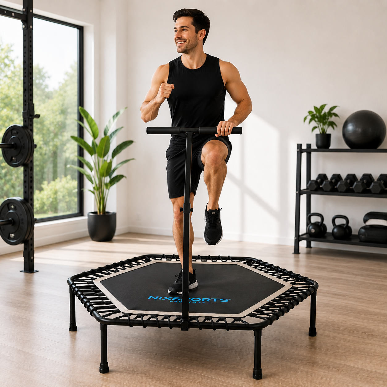 Un hombre con ropa deportiva negra hace ejercicio en un minitrampolín hexagonal en un gimnasio.