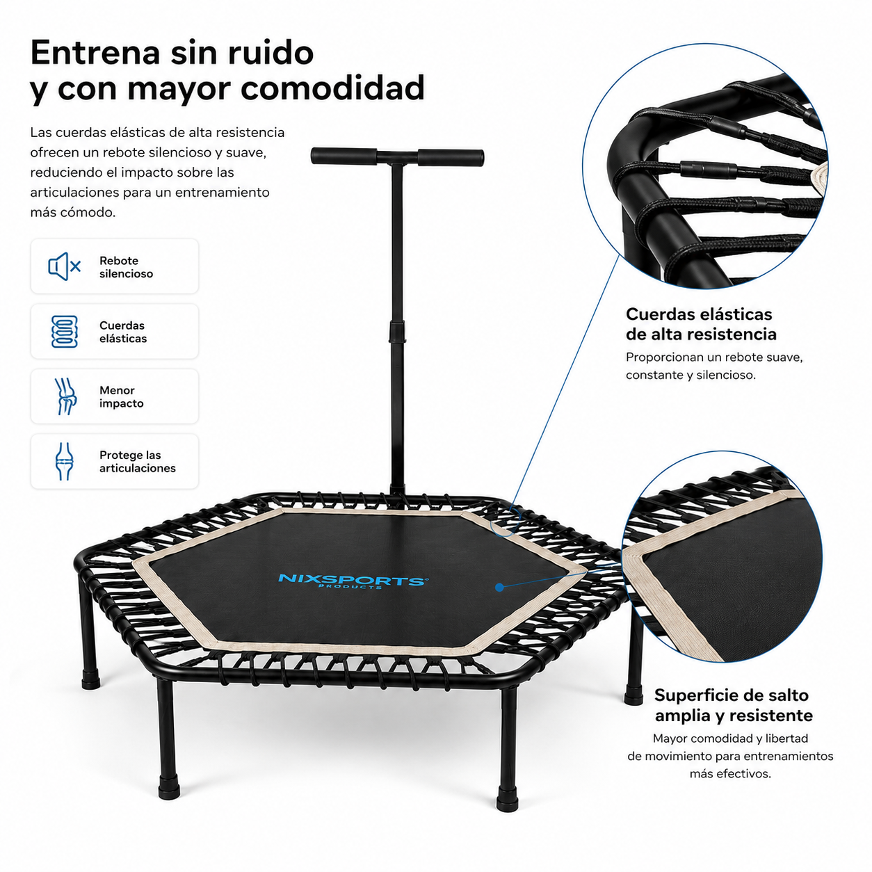 Un trampolín de fitness hexagonal con manillar y cuerdas elásticas, acompañado de textos explicativos.