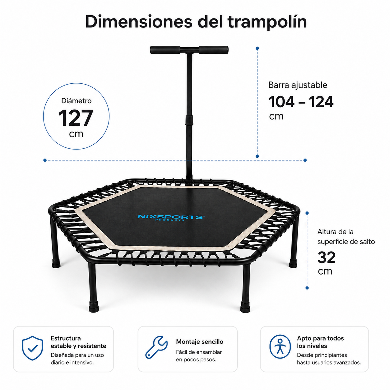 Trampolín hexagonal con barra ajustable, mostrando dimensiones de diámetro, altura de salto y mango.
