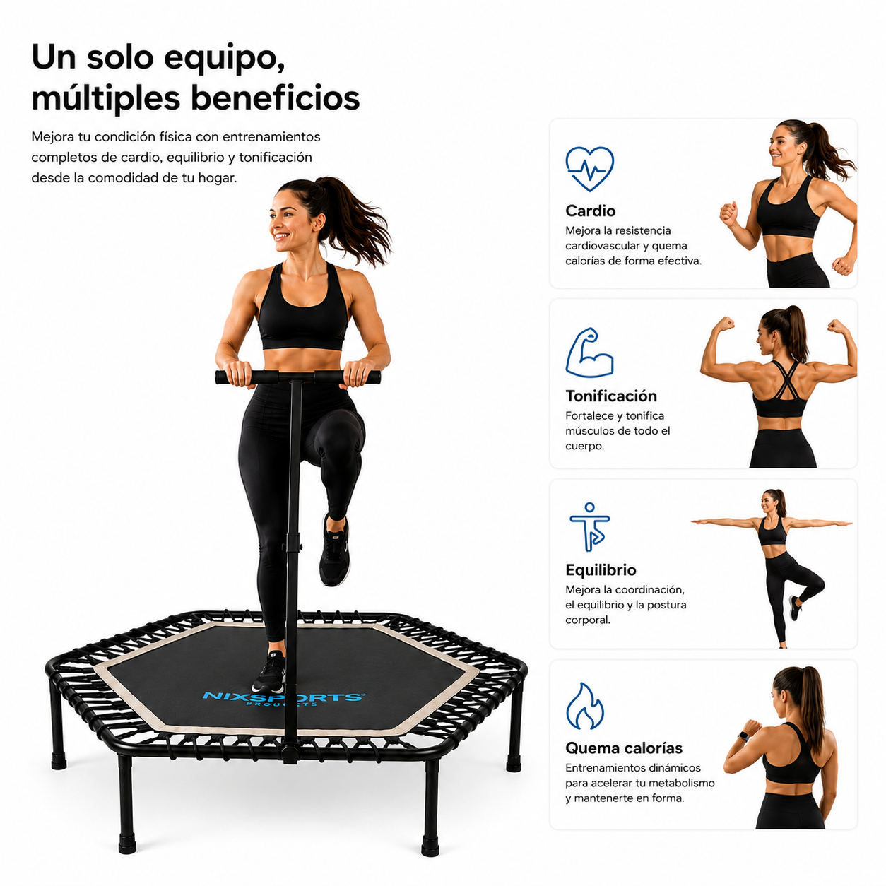 Trampolín de fitness con manillar para cardio, tonificación, equilibrio y quema de calorías.