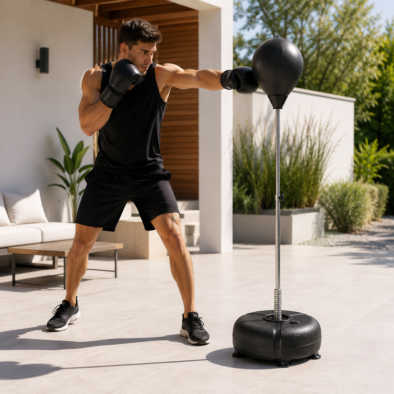 Un hombre con ropa deportiva negra practica boxeo, golpeando un saco de reflejos en una terraza soleada.