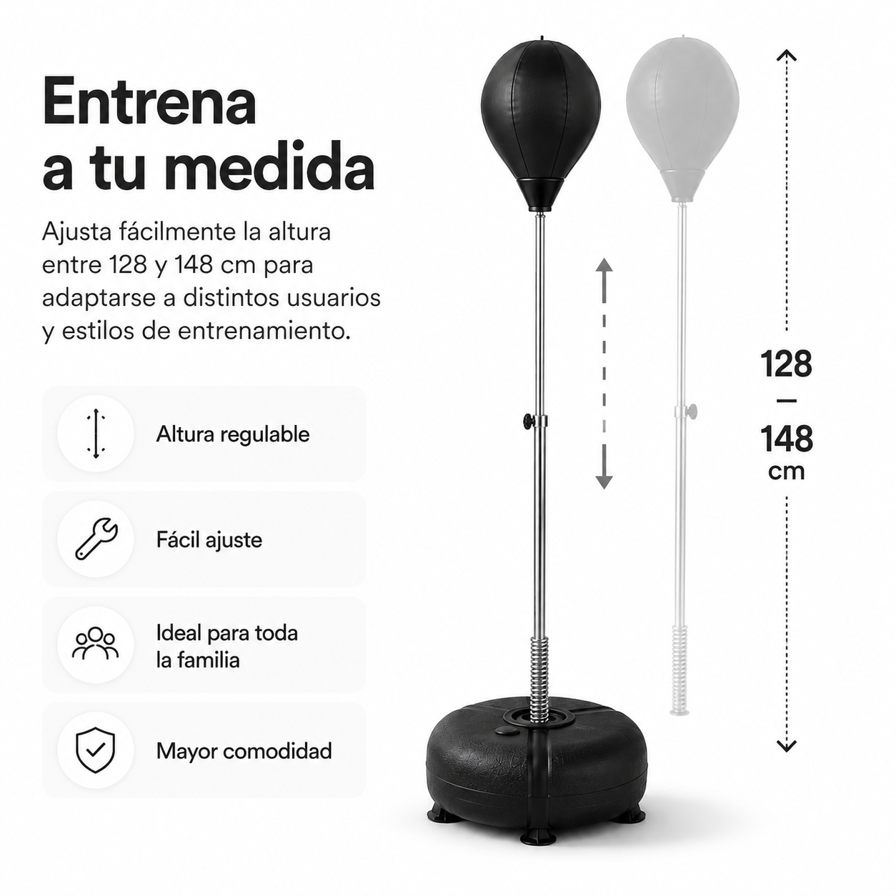 Saco de boxeo de reflex negro con altura ajustable de 128 a 148 cm y texto en español a la izquierda.