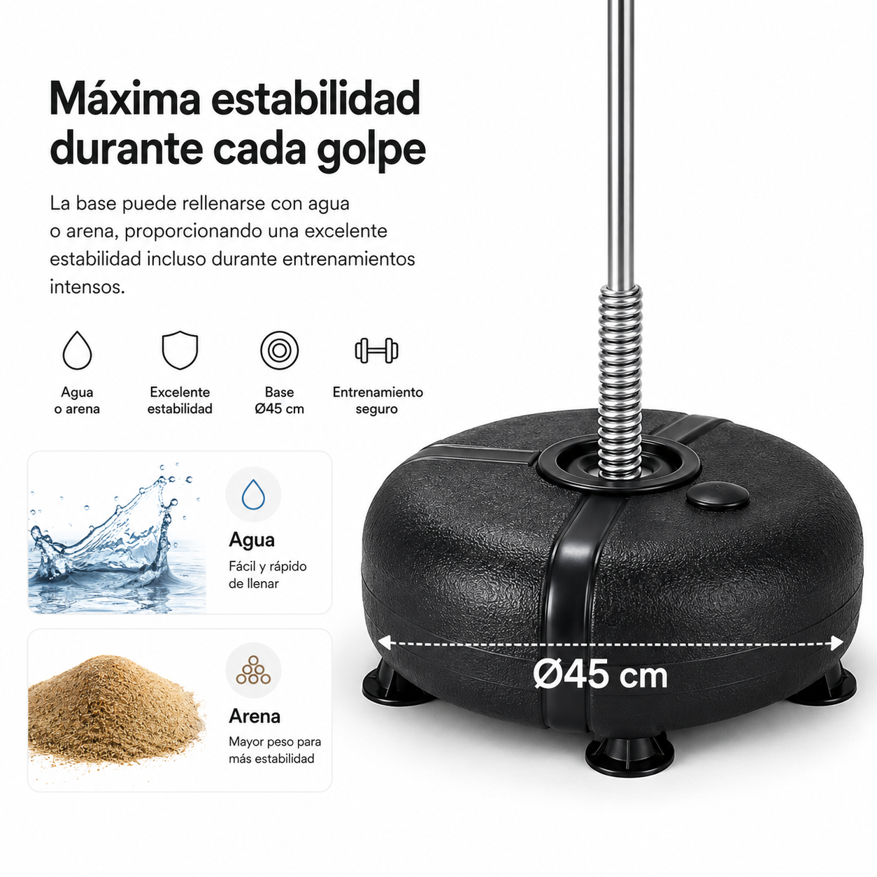 Imagen de producto de una base de saco de boxeo de 45 cm con infografías sobre relleno de agua o arena.