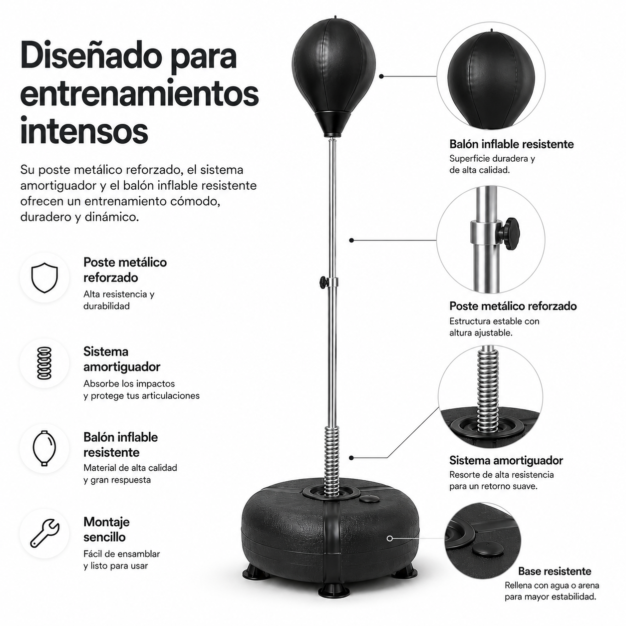 Saco de boxeo de pie con barra metálica ajustable, resorte y base redonda con detalles explicativos.