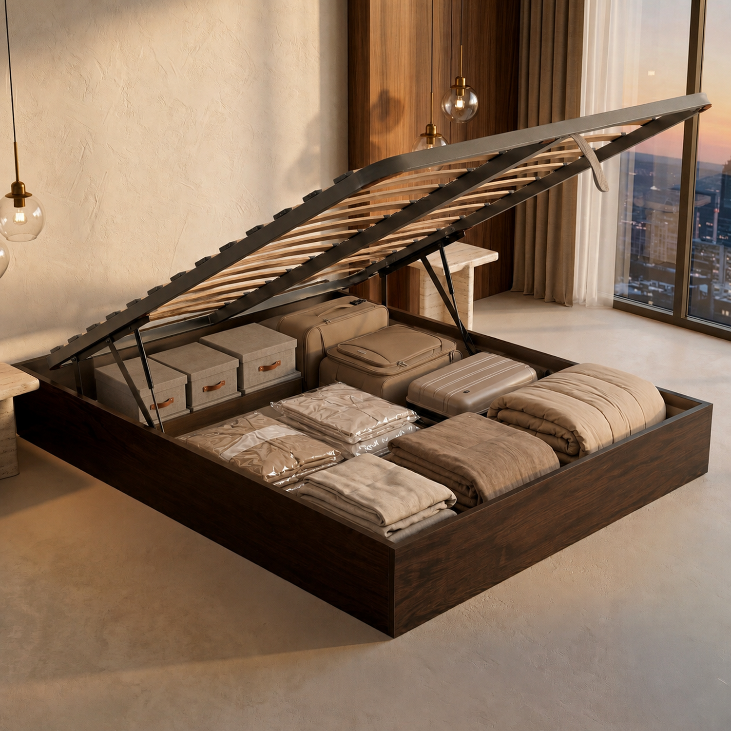 Una cama con almacenamiento abierta llena de maletas, mantas y cajas en un dormitorio moderno con grandes ventanales.