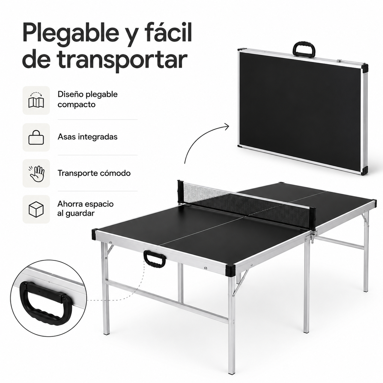 Mesa de ping-pong plegable negra con marco plateado y asa de transporte sobre fondo blanco.