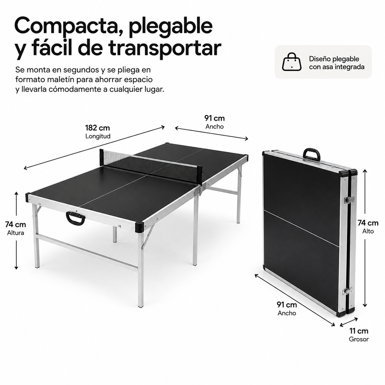 Mesa de ping-pong plegable y portátil con dimensiones, red y diseño de maletín.
