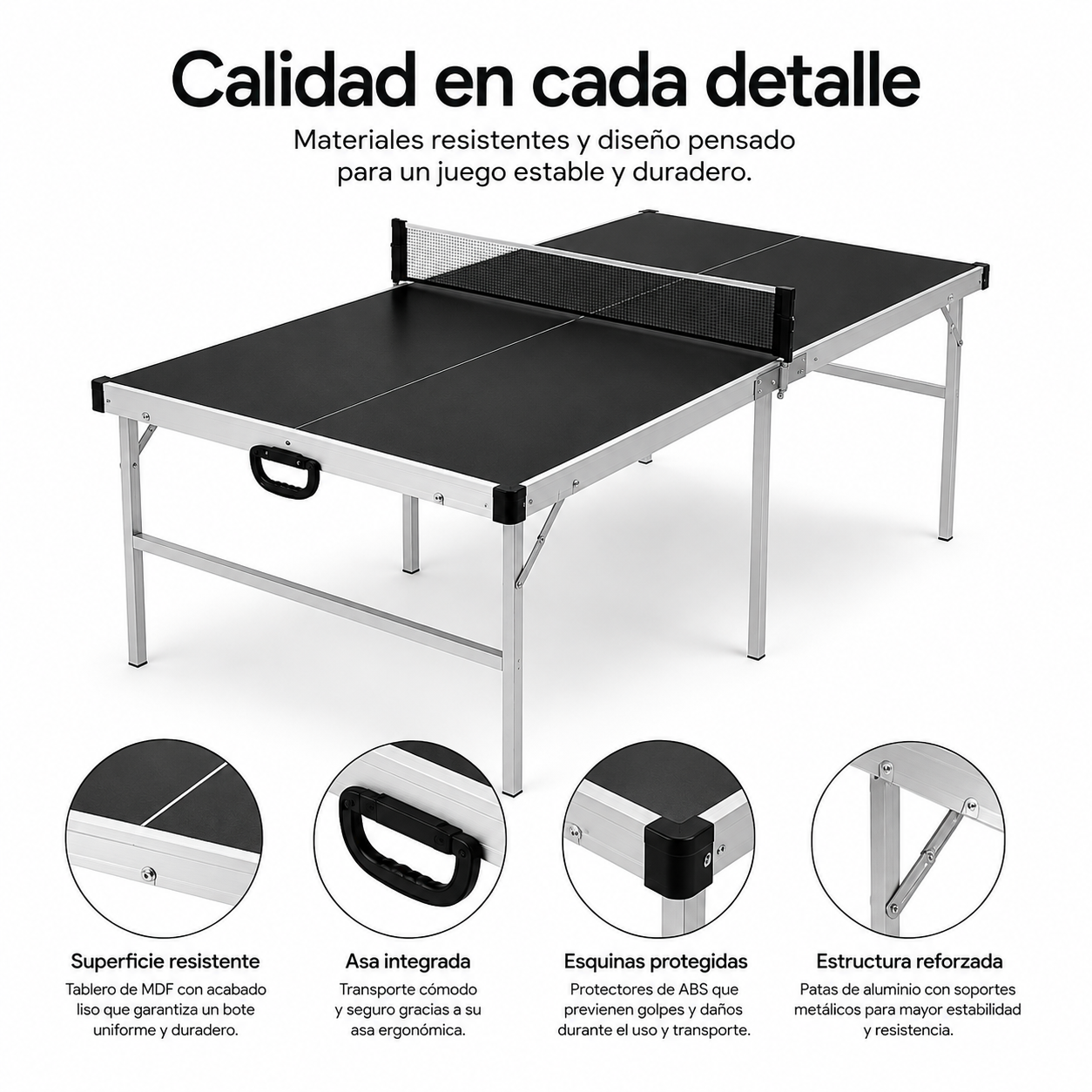 Mesa de ping-pong negra y plegable con red, patas de aluminio y cuatro círculos de detalle abajo.