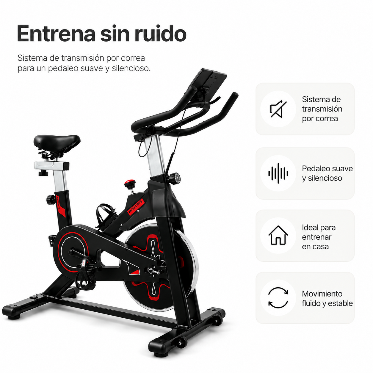 Una bicicleta estática negra con cuatro iconos de características y texto en español sobre fondo blanco.