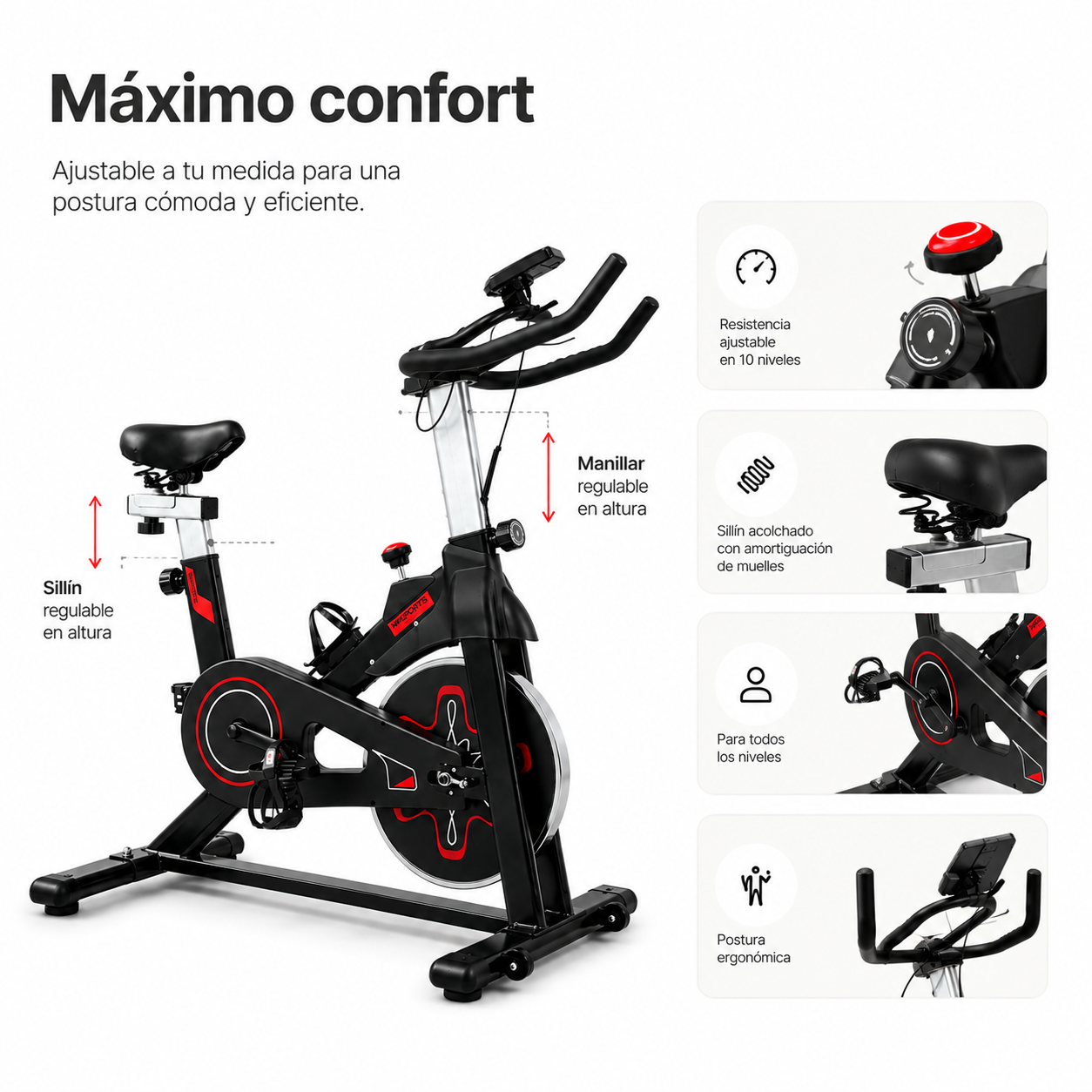 Una bicicleta estática con sillín y manillar ajustables, mostrando detalles de resistencia, amortiguación y postura.