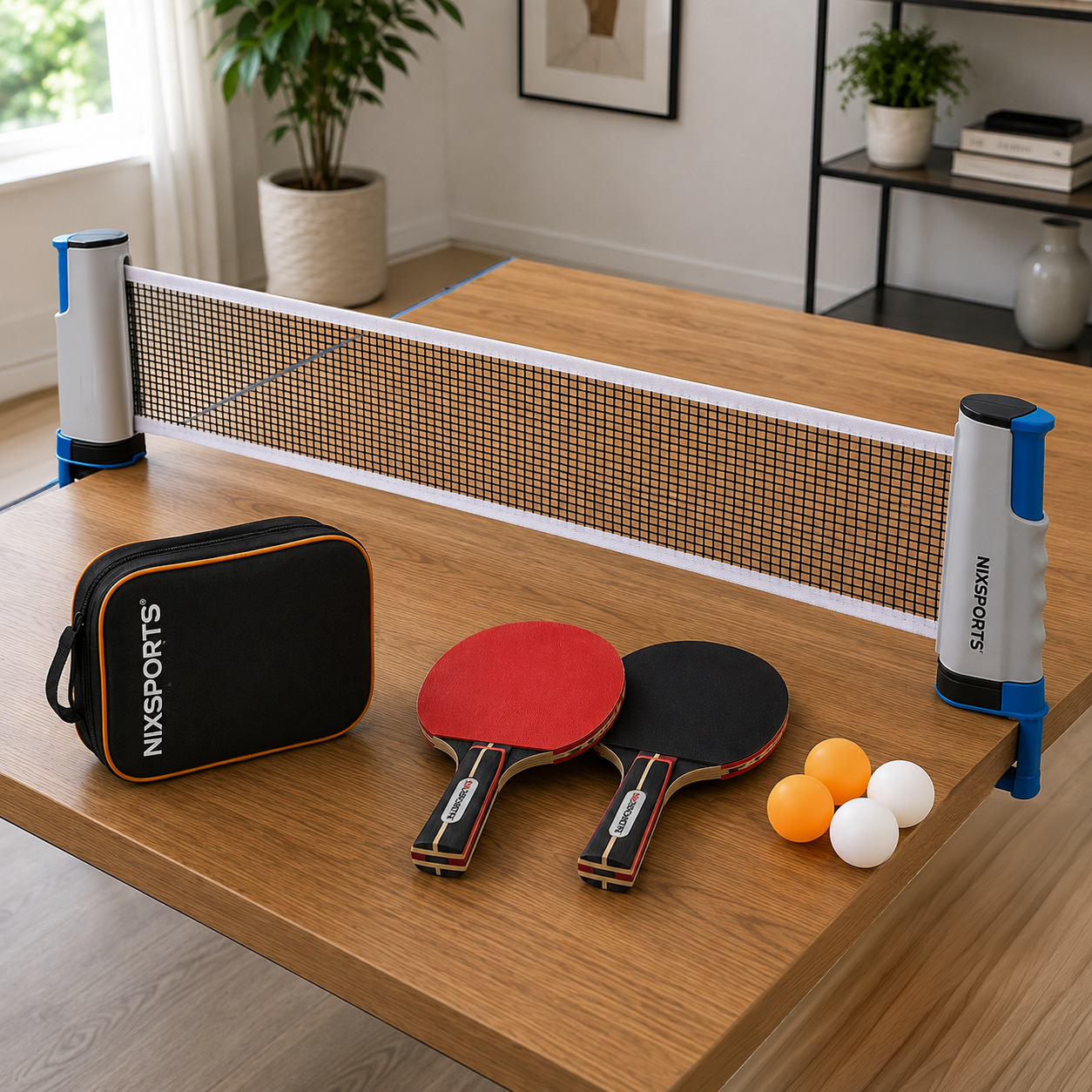 Juego de tenis de mesa con red, dos paletas, tres pelotas y un bolso en una mesa de madera.